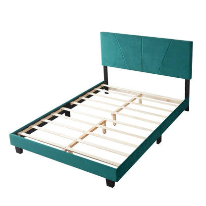 Queen Size Platform Bed Frame with Upholstered Headboard and wood slats support