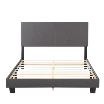 Queen Size Platform Bed Frame with Upholstered Headboard and wood slats support