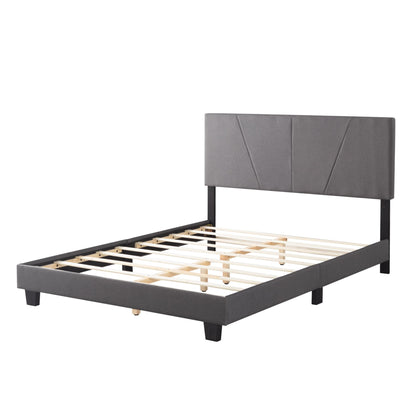 Queen Size Platform Bed Frame with Upholstered Headboard and wood slats support