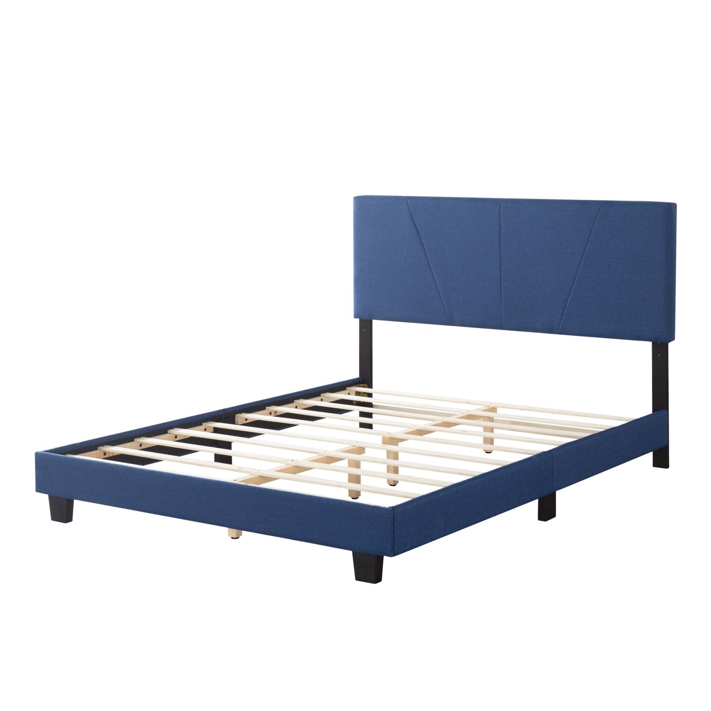 Queen Size Platform Bed Frame with Upholstered Headboard and wood slats support