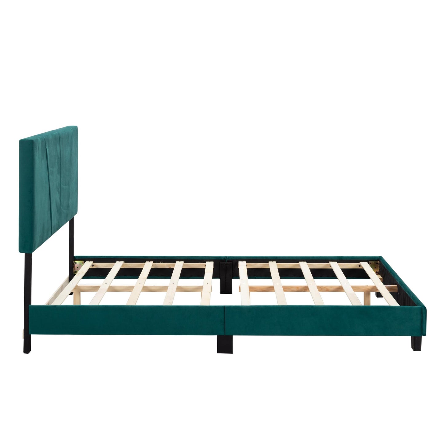 Queen Size Platform Bed Frame with Upholstered Headboard and wood slats support