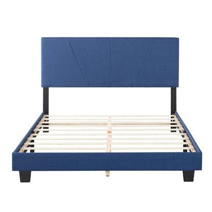 Queen Size Platform Bed Frame with Upholstered Headboard and wood slats support