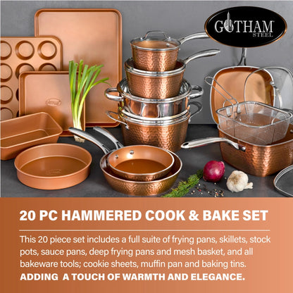 Gotham Steel Hammered Copper 20-Piece Cookware, Bakeware Set