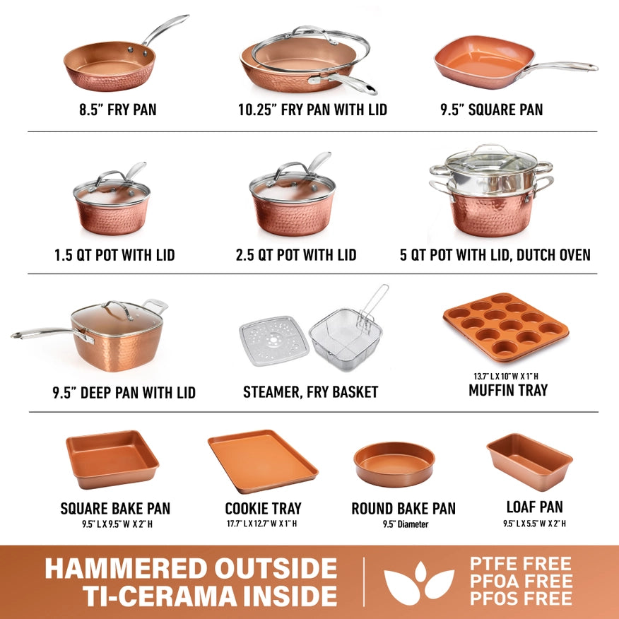 Gotham Steel Hammered Copper 20-Piece Cookware, Bakeware Set