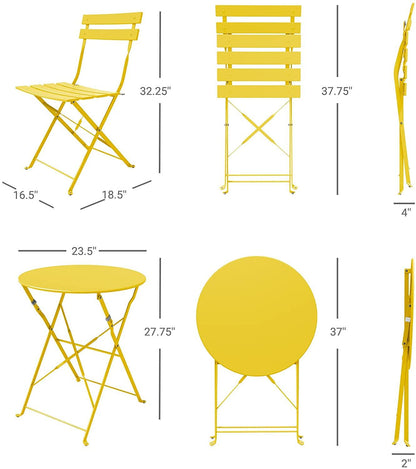 Mydepot SR Steel Patio Bistro Set, Folding Outdoor Patio Furniture Sets, 3 Piece Patio Set of Foldable Patio Table and Chairs