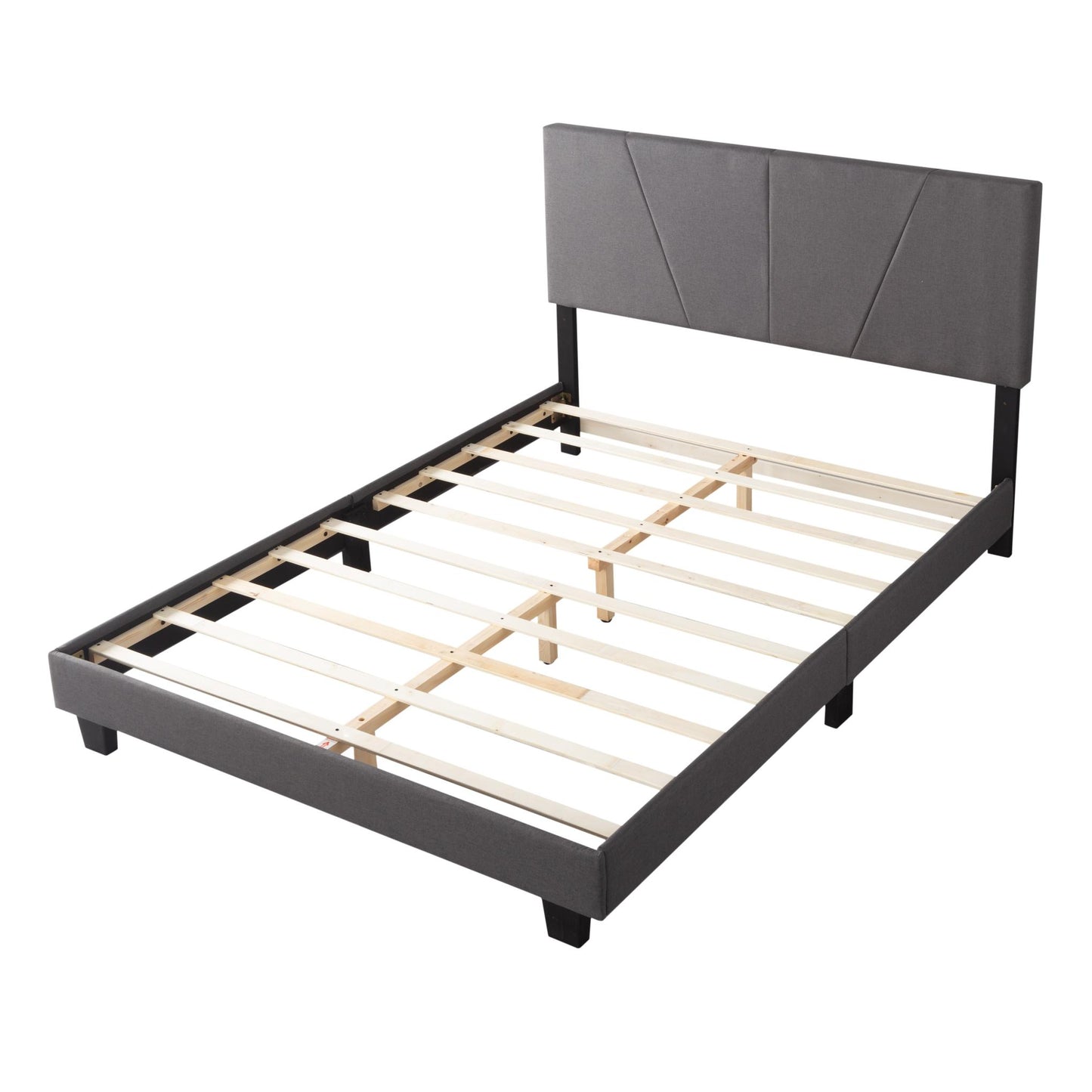 Queen Size Platform Bed Frame with Upholstered Headboard and wood slats support