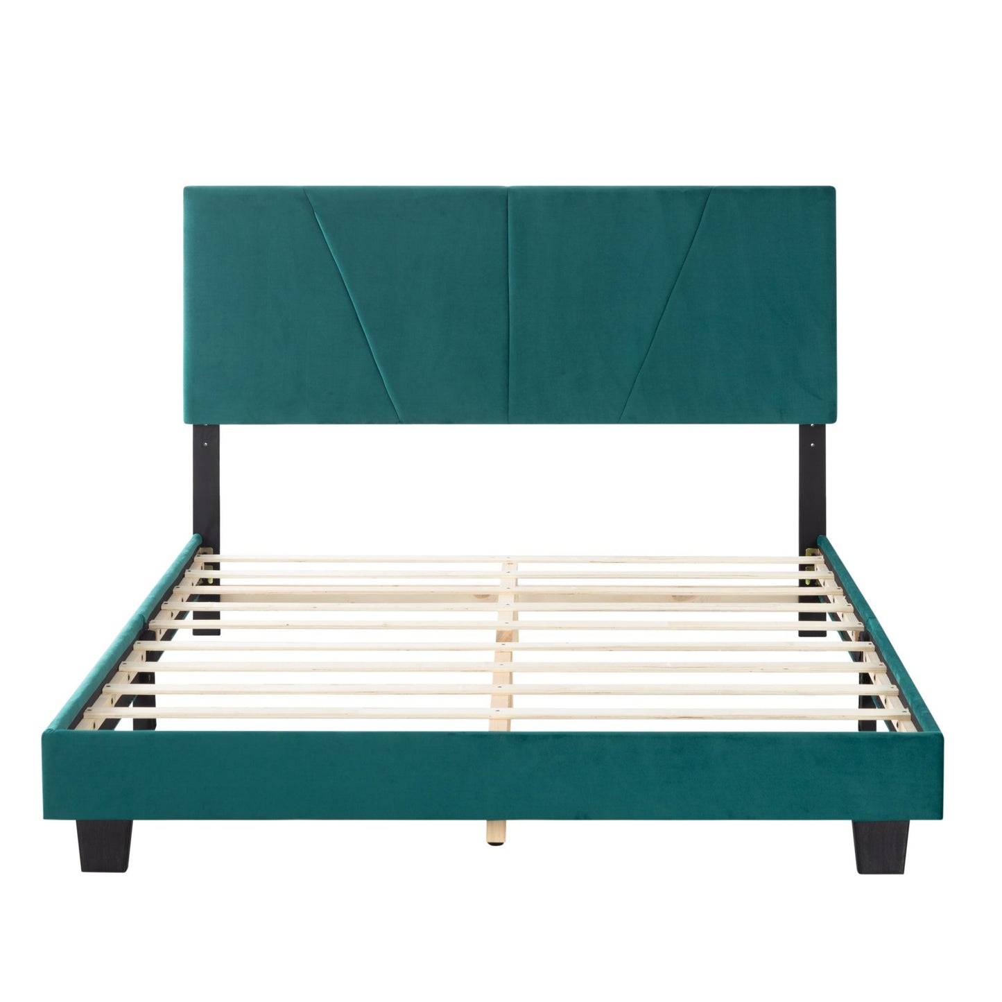 Queen Size Platform Bed Frame with Upholstered Headboard and wood slats support