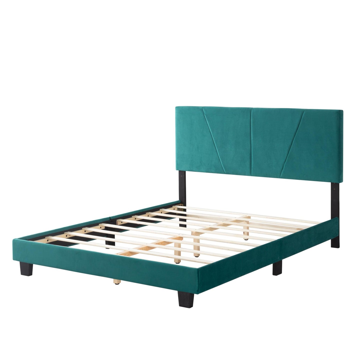 Queen Size Platform Bed Frame with Upholstered Headboard and wood slats support