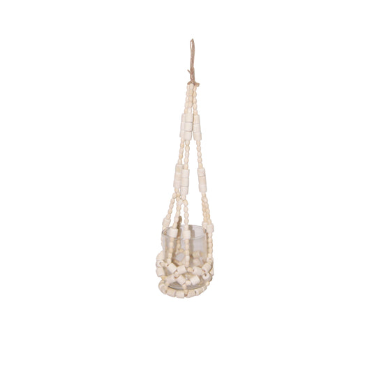 WOOD BEAD HANGING CANDLE HOLDER, IVORY