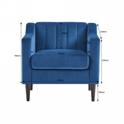 Modern velvet fabric single person sofa side chair with solid wood legs, used in bedroom, living room and office.