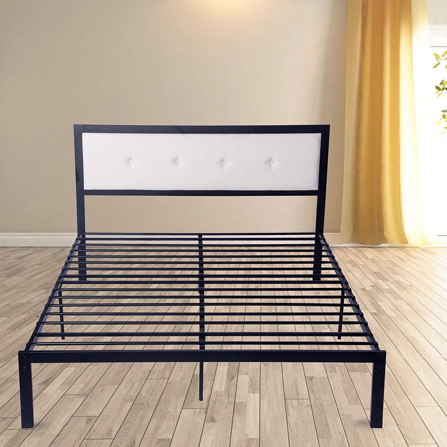 54" Modern Full Size Platform Bed with Black Metal Frame, Beige Headboard